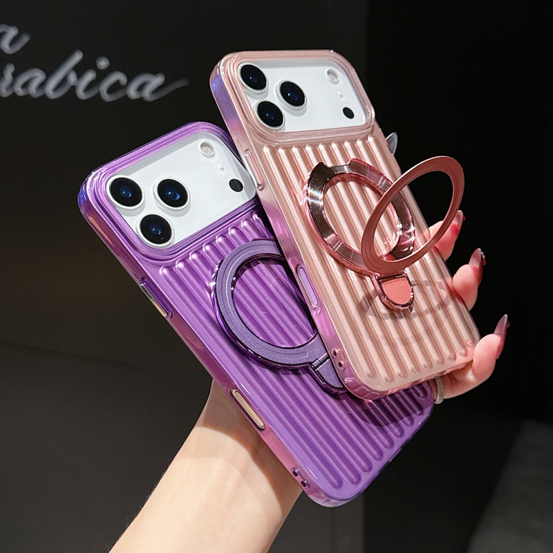 Phone Ring Holder - 高級ストライプ柄リングホルダー付きマグネット式iPhoneケース iPhone 17Air 14 15 16