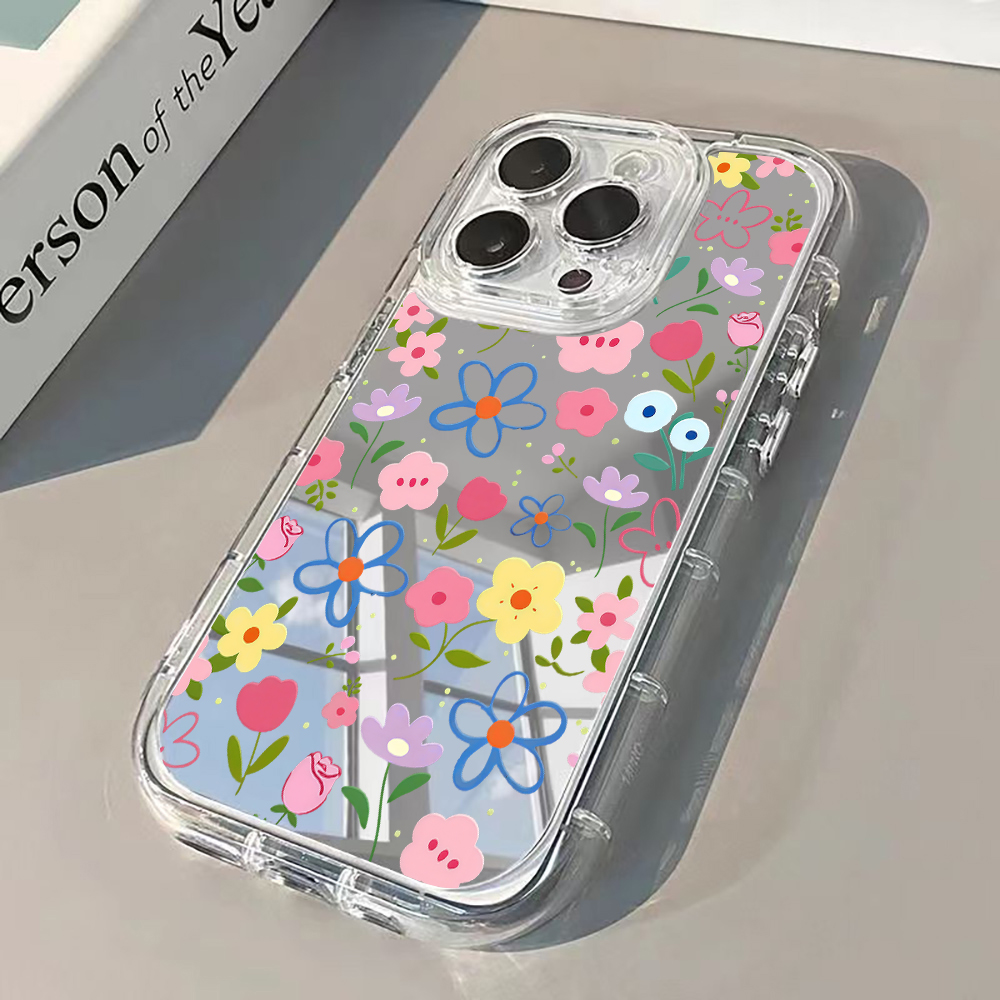 Xo Phone Accessories - 韓国風花柄シルバーミラー付きスマホケース iPhone 17 Pro Max 15